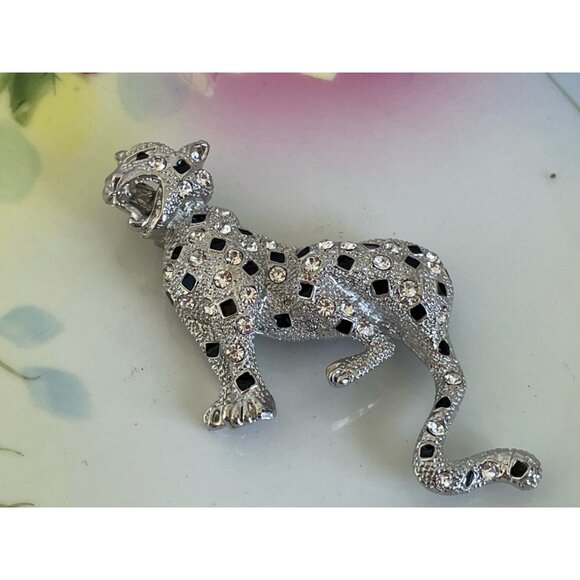 Vintage 1980s Large Statement Brooch Rhinestone leopard Big Cat Open Mouth - Picture 8 of 9